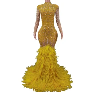 Dazzling Glamour: Yellow Rhinestone Feather Train Dress for Showstopping Celebrations